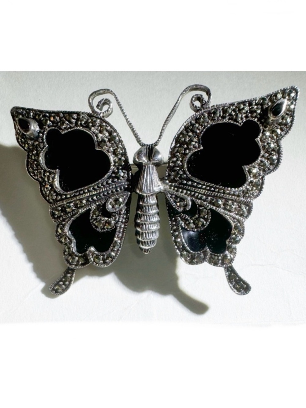 Hallmarked Vintage Silver Onyx Marcasite Butterfly Brooch